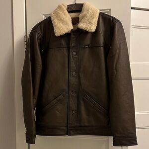 Wrangler Tobacco Brown Leather Jacket with Shearling Collar